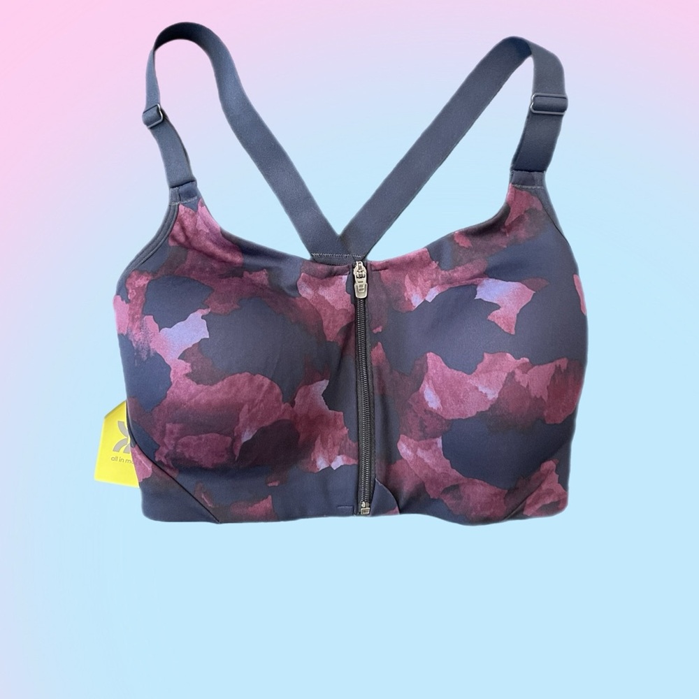 all in motion Women's Front-Zip Sports Bra in Burgundy and Navy Camo